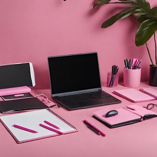 Rosa Schreibtisch mit rosa und schwarzen Schreibtischutensilien und Laptop